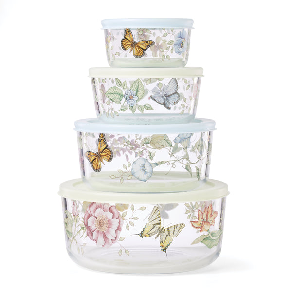 Lenox Butterfly Meadow Floral Glass Food Storage Set of 4 Microwave Safe Kitchen Containers 897944