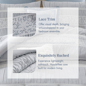 English Elm 7-piece King Jacquard Comforter Set Lace Detail Chambray Cottage Bedroom Ensemble Blue B035P482887