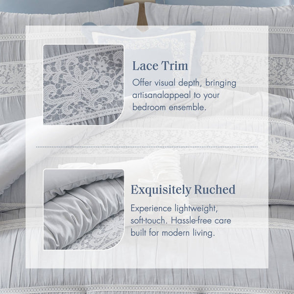 English Elm 7-piece King Jacquard Comforter Set Lace Detail Chambray Cottage Bedroom Ensemble Blue B035P482887