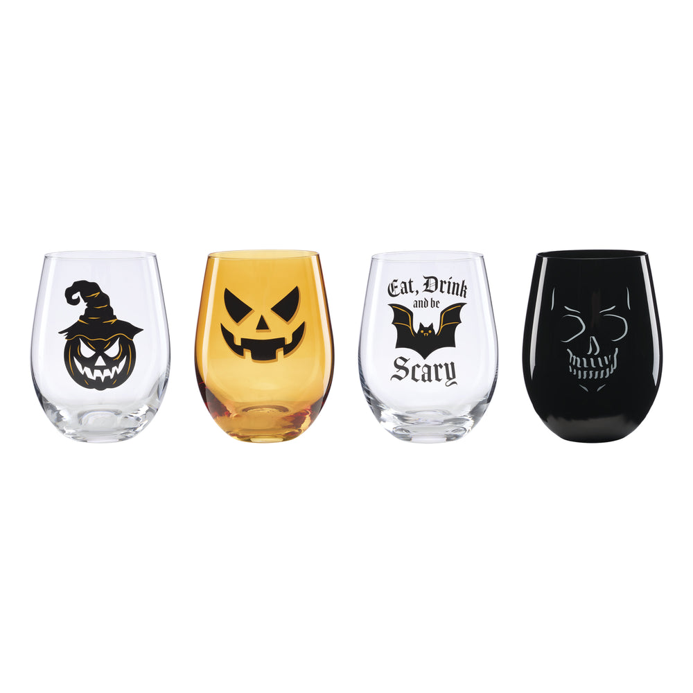 Lenox Vintro Halloween Stemless Wine Glasses Set of 4 Vintage Etched Crystal Barware 897987