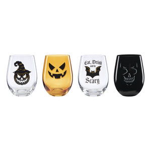 Lenox Vintro Halloween Stemless Wine Glasses Set of 4 Vintage Etched Crystal Barware 897987
