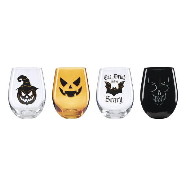Lenox Vintro Halloween Stemless Wine Glasses Set of 4 Vintage Etched Crystal Barware 897987