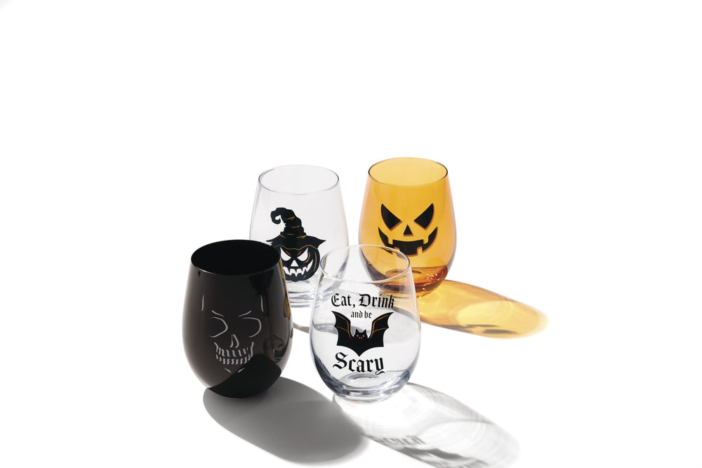 Lenox Vintro Halloween Stemless Wine Glasses Set of 4 Vintage Etched Crystal Barware 897987
