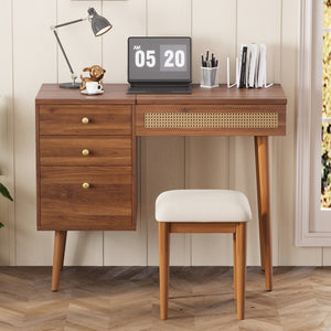 English Elm 39" Retro Bohemian Vanity Desk with Flip-Top Mirror & LED Lights, Rattan Drawers, 3-Drawer Storage, Walnut Finish N733P361800D