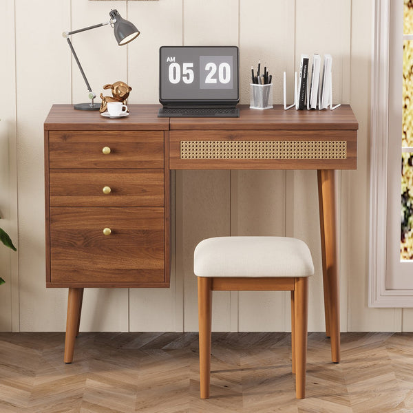 English Elm 39" Retro Bohemian Vanity Desk with Flip-Top Mirror & LED Lights, Rattan Drawers, 3-Drawer Storage, Walnut Finish N733P361800D