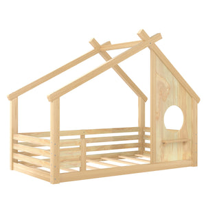 English Elm Twin House Floor Bed with Window & Shelf, Solid Wood Pitched Roof Design for Safe Cozy Sleep Natural W1580P362691