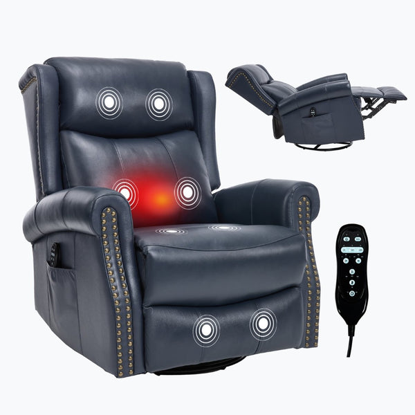 English Elm Heat Massage Rocker Swivel Recliner in Genuine Leather with Lumbar Relief for Living Room W3224S00012