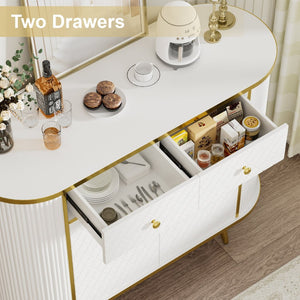 English Elm Luxury Fluted Curved Sideboard with Golden Legs Sculptural White Storage for Entryway T3773P417294