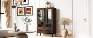 English Elm 60'' Tall Display Cabinet with LED Lighting, Tempered Glass Doors, 4 Adjustable Shelves & Drawers Black + Dark Walnut N845P261801D