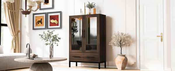English Elm 60'' Tall Display Cabinet with LED Lighting, Tempered Glass Doors, 4 Adjustable Shelves & Drawers Black + Dark Walnut N845P261801D