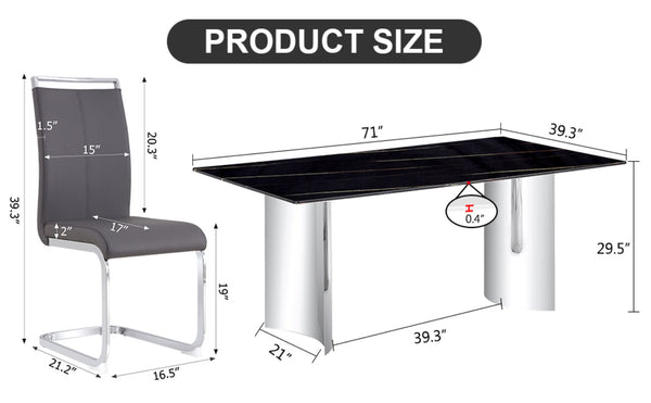 English Elm Table & 6 Dark Gray Pu Chairs Set - Modern Glass Top With Marble Pattern & Stainless Steel Legs W1151S02610-GIGA