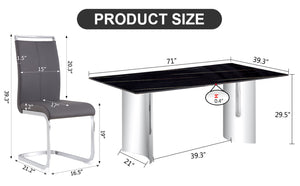 English Elm Table With Glass Top & 8 Dark Gray Pu Chairs - Modern Marble Pattern Design & Stainless Steel Legs W1151S02604-GIGA