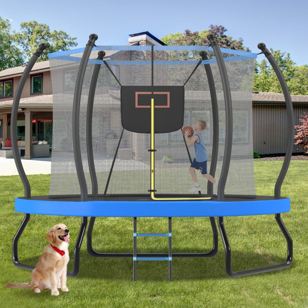 English Elm 10ft Steel Backyard Trampoline with Basketball Hoop Safety Net Padded Poles Ladder N739P307895C
