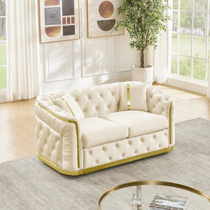 English Elm 62.6 Inch Chesterfield Velvet Loveseat with Gold Steel Trim Button Tufted Luxury Seating Beige W1191S00093
