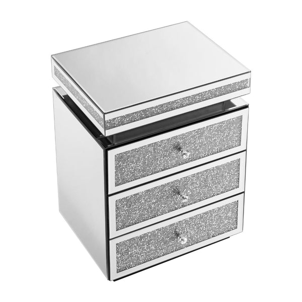 English Elm Mirrored Three Drawer Nightstand with Crystal Diamond Inlay Glam Bedside Storage W1005P248529