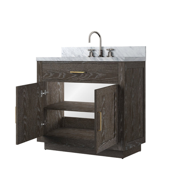 English Elm Brown Oak Single Bath Vanity With Carrara Marble Top & Chrome Faucet Set - Elegant & Functional Upgrade B2731P257674