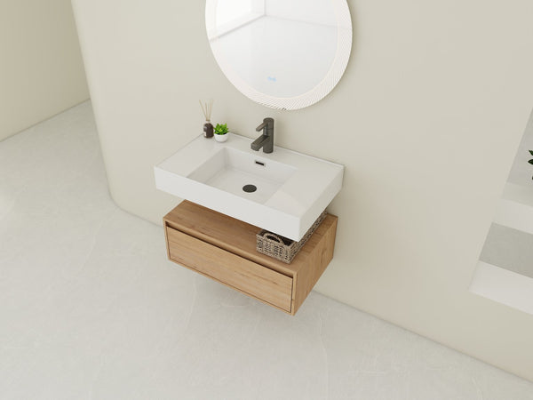 English Elm 30-Inch Wall-Mounted Bathroom Vanity With Resin Sink, Soft-Close Drawer, Modern Oak Finish Design W999S00256