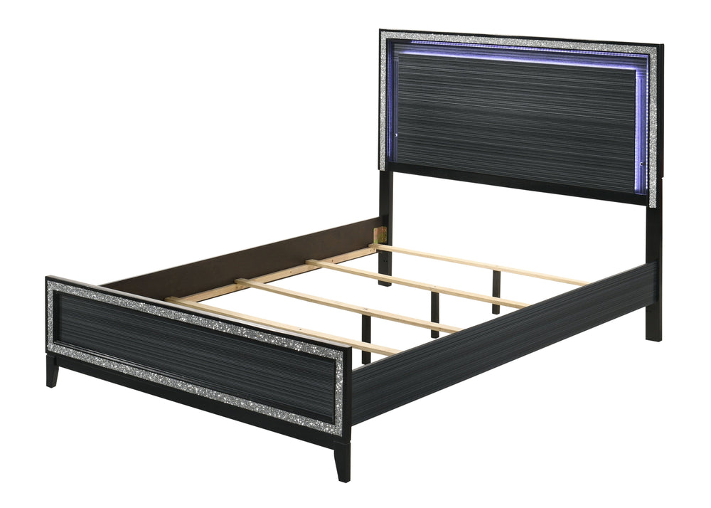 English Elm Haiden Queen Bed with LED Headboard, Weathered Black Finish, Silver Trim Accents & Sturdy 660lb Capacity B2726S00319