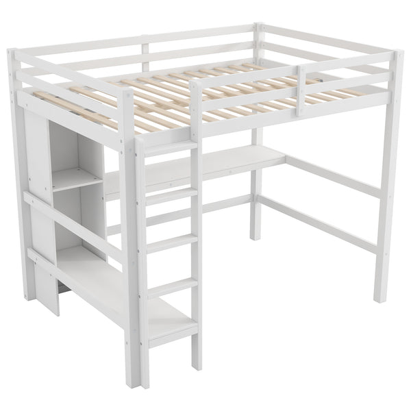 English Elm Full Size Loft Bed With Under-Bed Desk & Multifunction Shelves - Space-Saving White Design For Teens N7090005004K