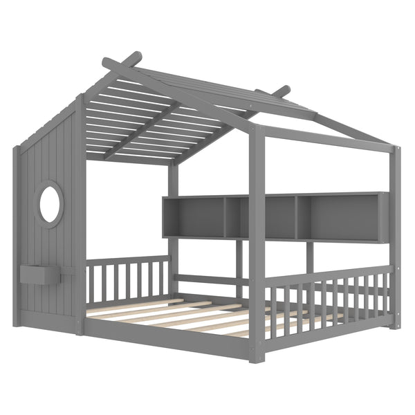 English Elm Full House Floor Bed with Roof Playhouse Design, Montessori Style with Rear Storage Shelf, Sturdy Pine Gray 78.5 L x 16.35 W x 8 H N733P335068E