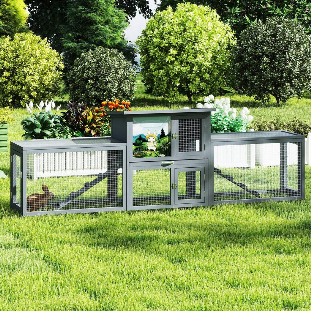 English Elm Large Two-story Outdoor Rabbit Hutch Pine Wood Weatherproof Dual Run Enclosure W2181P356097