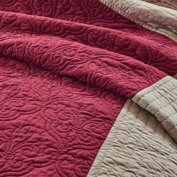 JLA Home Madison Park - 7 Reversible Quilt Set with Euro Shams and Throw Pillows — Textured Microfiber, Ivory & Blue Tones, Machine Washable Red MP13-8805