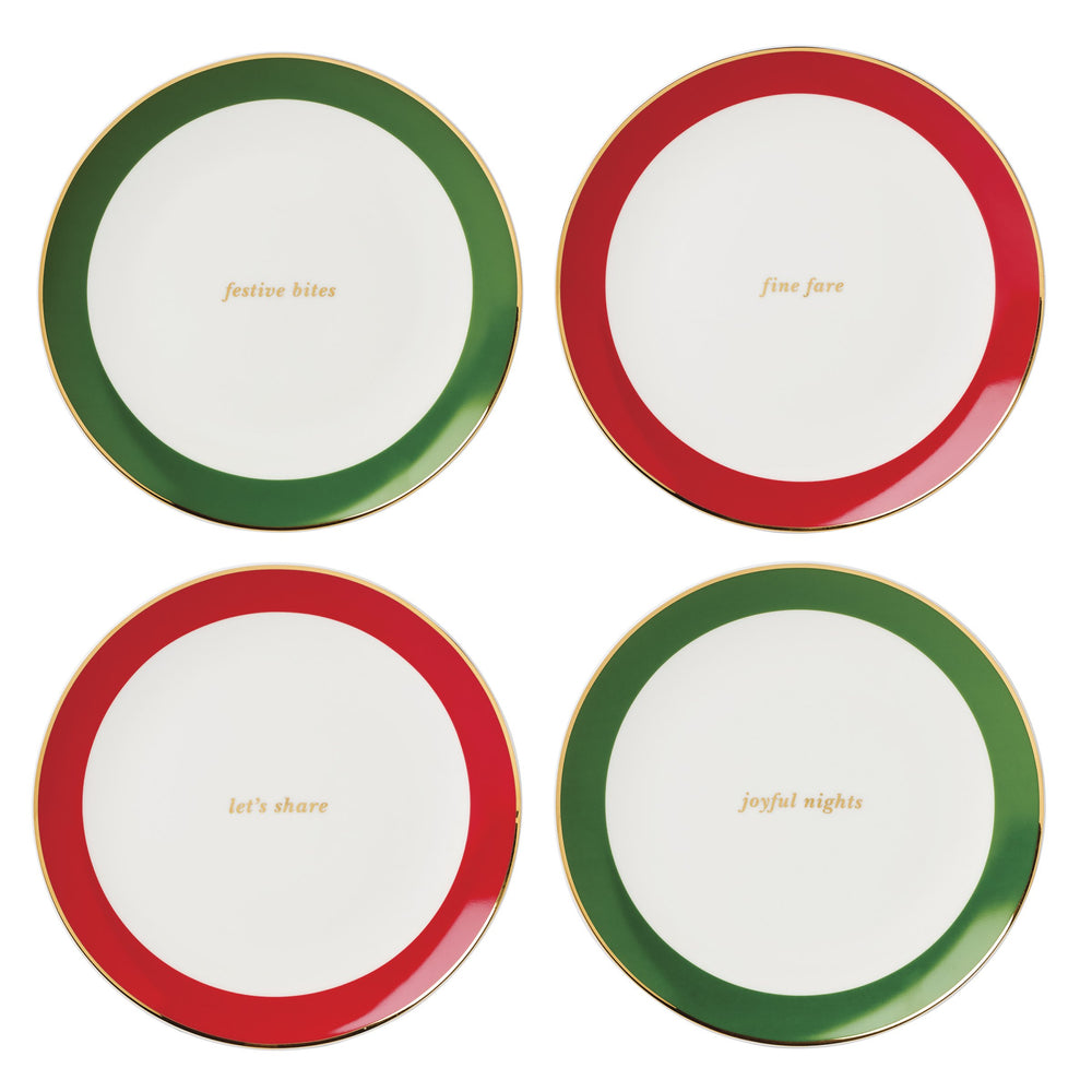 Lenox Evergreen Holiday Porcelain Accent Plates Set of 4 with 24k Gold Rim Festive Phrases 898012