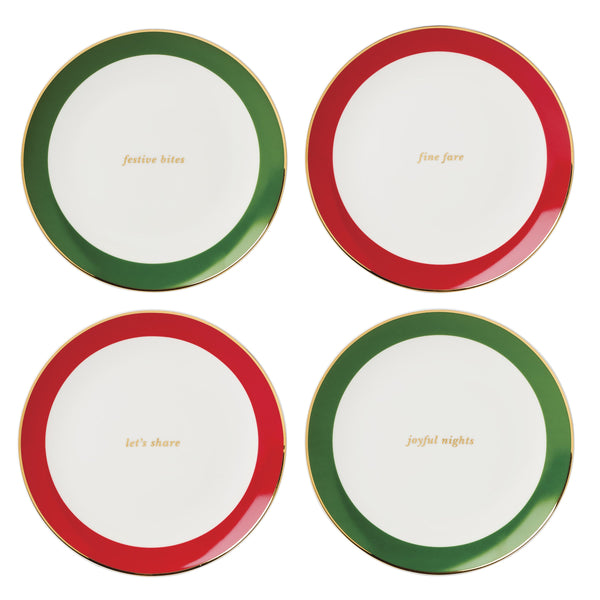 Lenox Evergreen Holiday Porcelain Accent Plates Set of 4 with 24k Gold Rim Festive Phrases 898012