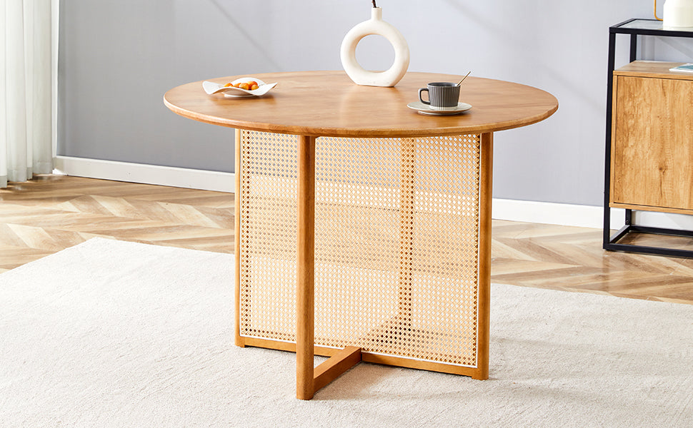 English Elm Chinese Solid Wood Round Table - Rustic Retro Design With Imitation Rattan For Dining & Office Spaces W1151P154825