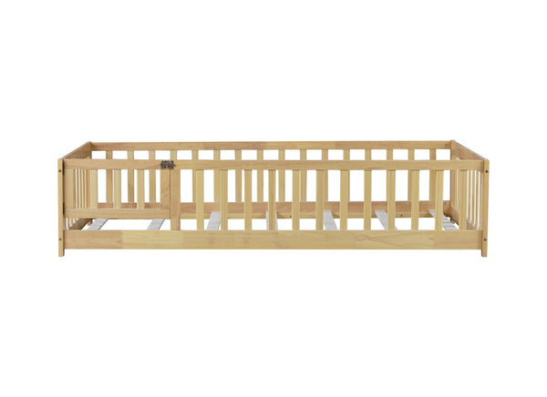 English Elm Twin Solid Rubberwood Floor Bed with Full Perimeter Safety Rails for Toddler Rooms Natural W504P296778