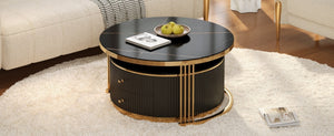 English Elm Modern Round Nesting Coffee Table Set with Gold Pedestal Legs and Storage Drawers Black N735P349323B