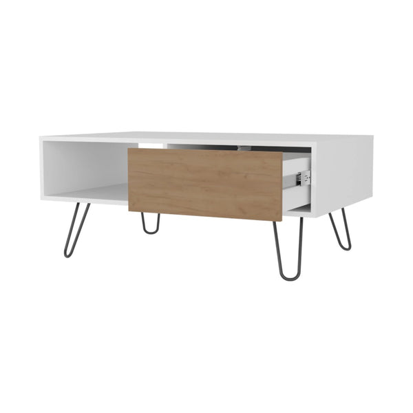 English Elm White Modern Coffee Table With Natural Oak Accents, 1-Drawer Storage & Stylish Hairpin Legs B062P290226-GIGA