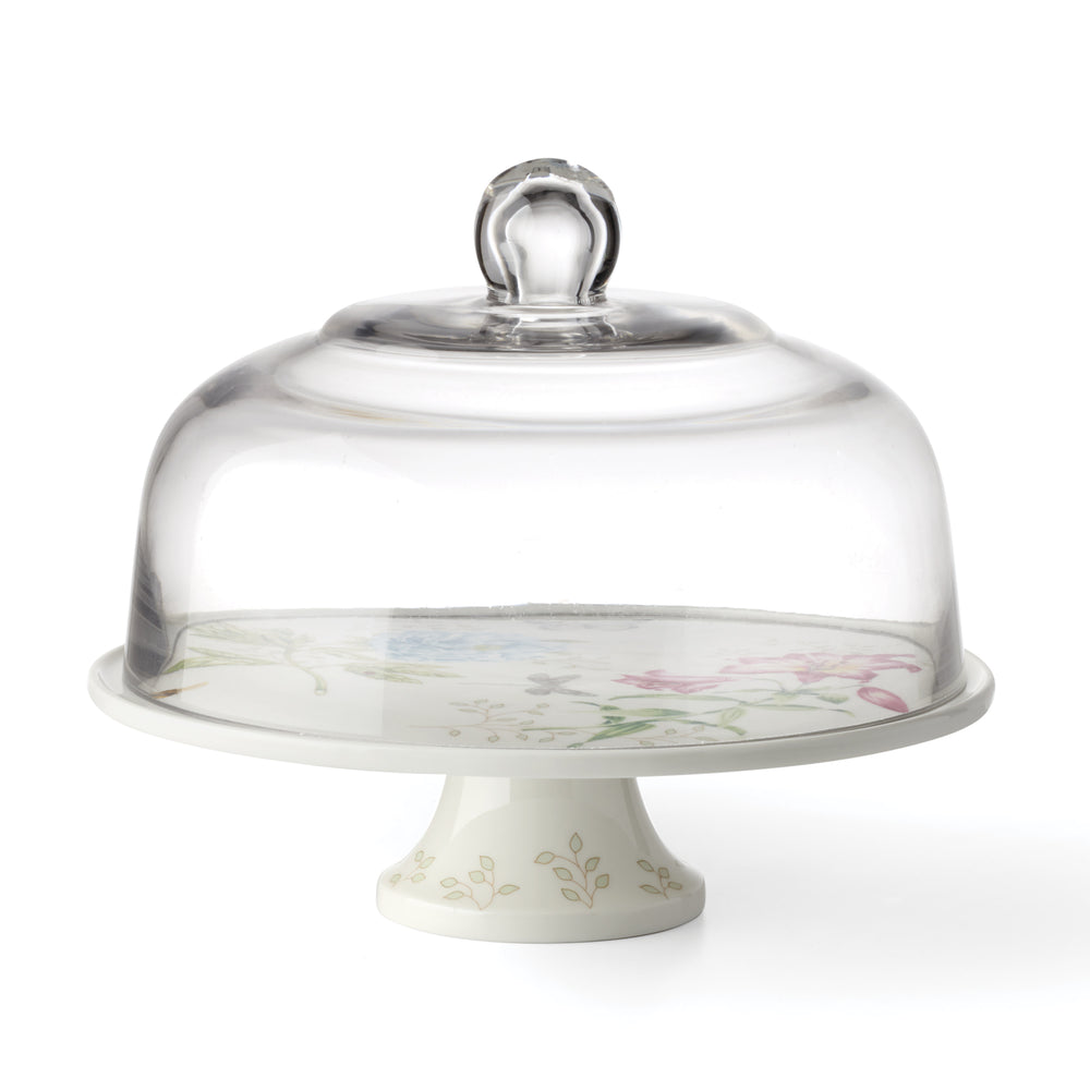 Lenox Butterfly Meadow Anniversary Porcelain Cake Plate with Domed Glass Cover Floral Decal 898188