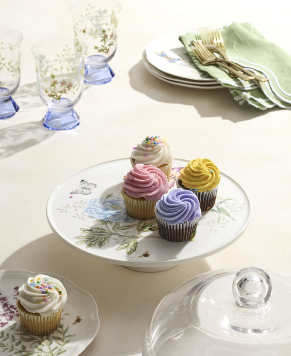 Lenox Butterfly Meadow Anniversary Porcelain Cake Plate with Domed Glass Cover Floral Decal 898188