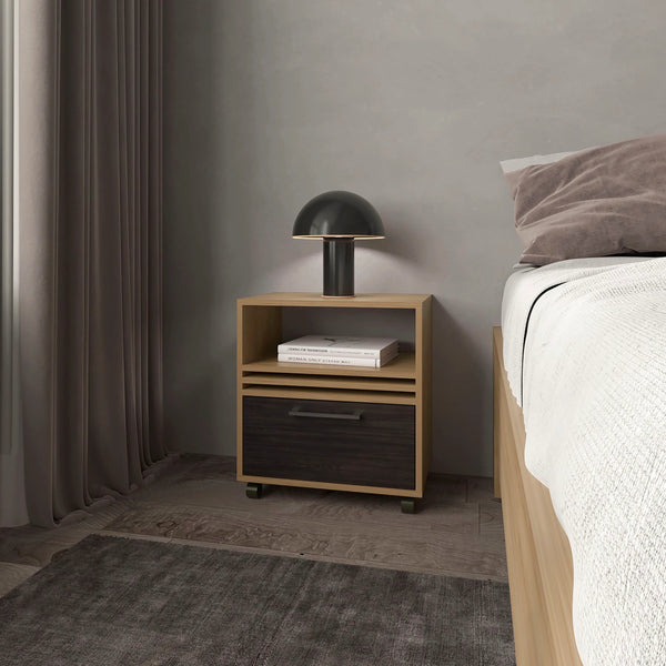 English Elm Natural Oak Warm Nightstand with Drawer, Open Shelf & Smooth Casters for Mobile Elegant Storage B062P290236