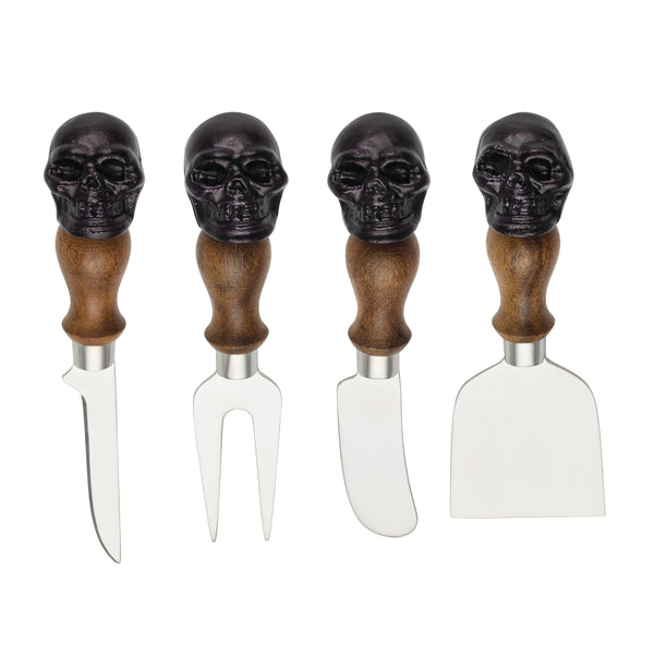 Lenox Vintro Halloween Skull Cheese Spreader Set Mirrored Steel Carved Wood Handles 898366