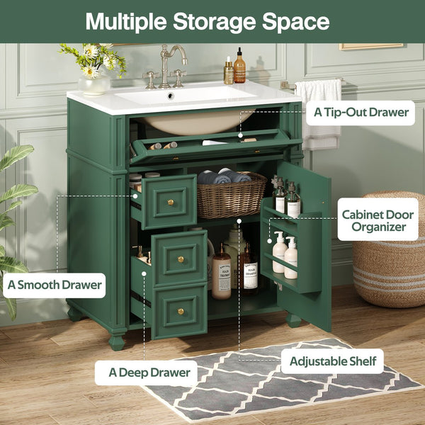 English Elm Bathroom Vanity with Sink French-Inspired 30" Ceramic Basin Vanity Cabinet with Soft-Close Doors & Drawer Organizer Green N710P286723F