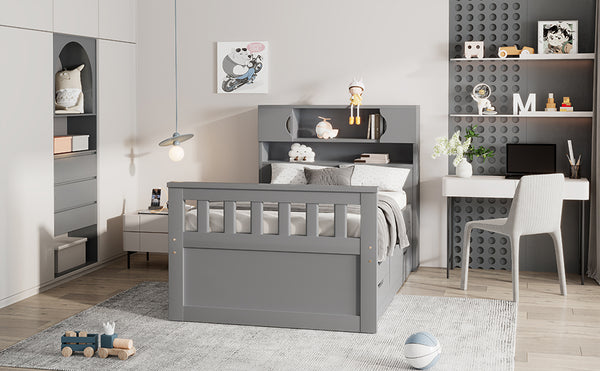 English Elm Twin Captain Platform Bed Frame with Built-In Bookcase, Four Drawers & Slat Support for Storage Gray GX001828AAE