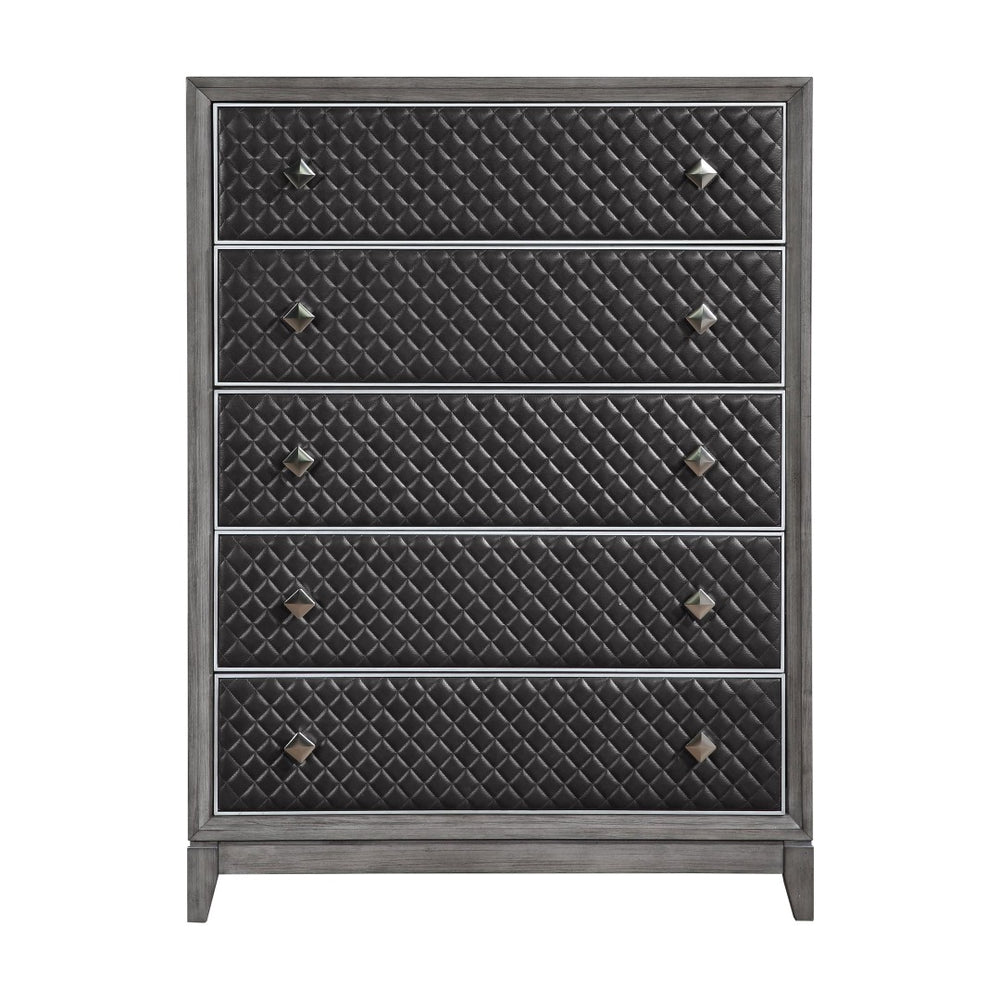 English Elm Modern Five Drawer Chest with Diamond Faux Leather Fronts and Birch Veneer Bedroom Storage B011P186574