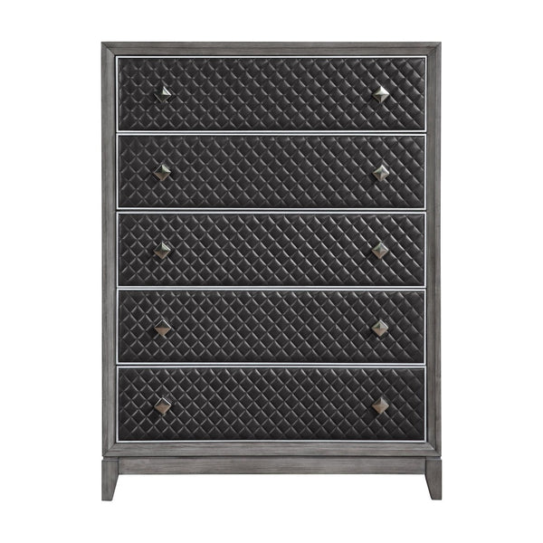 English Elm Modern Five Drawer Chest with Diamond Faux Leather Fronts and Birch Veneer Bedroom Storage B011P186574