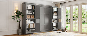 English Elm Full-size Murphy Wall Bed with Sliding Cabinets and Twelve Open Shelves for Studios Gray LP000919AAE