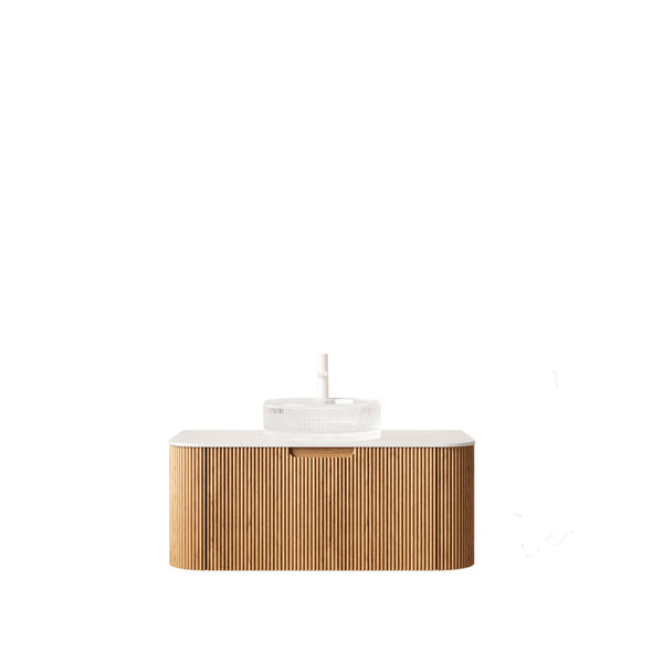 English Elm Dina Floating Bathroom Vanity Sintered Stone Top Glass Basin Striped Plywood Cabinet W2615S00446