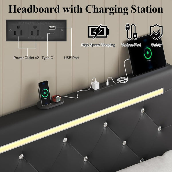English Elm Full Size Pu Leather Storage Bed with Rgb Led Headboard and Charging Station Black W5722P462440