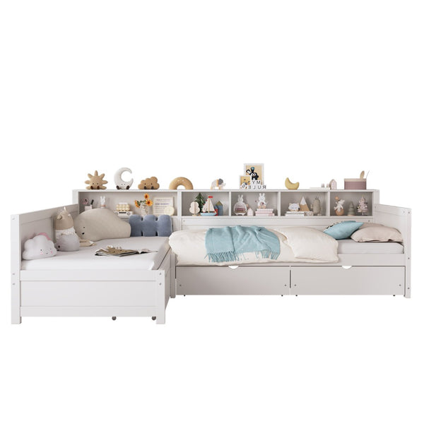 English Elm Twin Corner Daybed with Storage Drawers Bookshelf Wood L-shape Frame for Small Rooms White N733S369272K