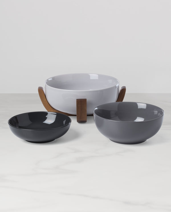Lenox 24 Seven Colors Porcelain Nesting Bowl Set with Ombre Gradient and Wooden Trivet Stand Pumice 898656