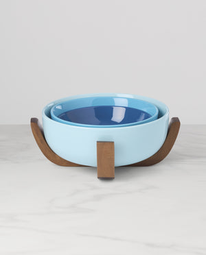 Lenox 24 Seven Colors Porcelain Nesting Bowl Set with Ombre Gradient and Wooden Trivet Stand Turquoise 898658