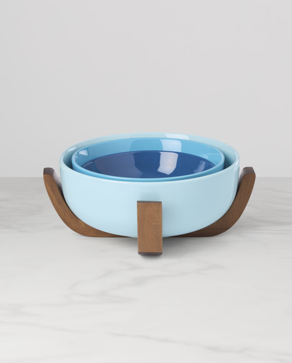 Lenox 24 Seven Colors Porcelain Nesting Bowl Set with Ombre Gradient and Wooden Trivet Stand Turquoise 898658