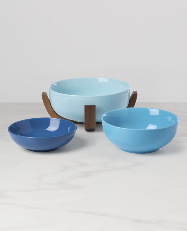 Lenox 24 Seven Colors Porcelain Nesting Bowl Set with Ombre Gradient and Wooden Trivet Stand Turquoise 898658
