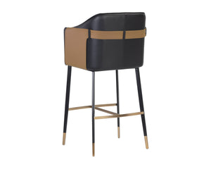 Sunpan Carter Barrel Back Barstool in Faux Leather with Black Steel Legs and Copper Foot Caps for Elegance Napa Black / Napa Cognac