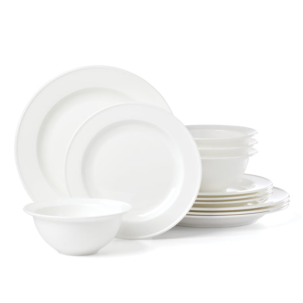 Lenox Studio 1414 Bone China Rimmed Dinnerware Set Service for Four with Glossy White Finish 12-Piece 898751